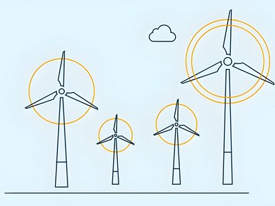 Grafik zeigt mehrere Windräder – Thema: der Weg des Stroms von der Erzeugung bis zum Haushalt.