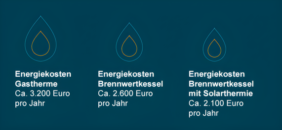 Grafik zeigt die Entergiekosten unterschiedlicher Heizungstypen pro Jahr. Es wird zwischen Gastherme, Brennwertkessel und Brennwertkessel mit Solarthermie unterschieden.