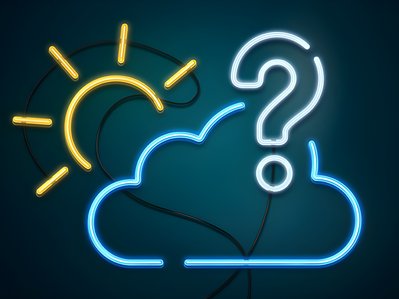 Grafik kombiniert Symbole wie Sonne, Wolken, ein Elektrokabel und ein Fragezeichen und visualisiert so die Frage nach der Umweltfreundlichkeit von Elektroautos.