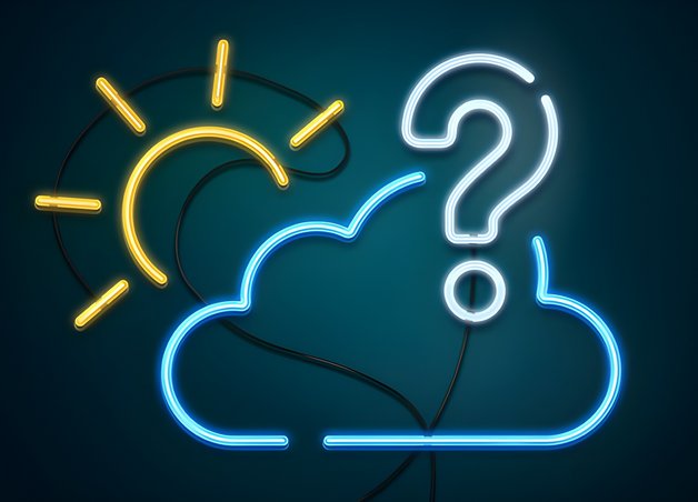 Grafik kombiniert Symbole wie Sonne, Wolken, ein Elektrokabel und ein Fragezeichen und visualisiert so die Frage nach der Umweltfreundlichkeit von Elektroautos.