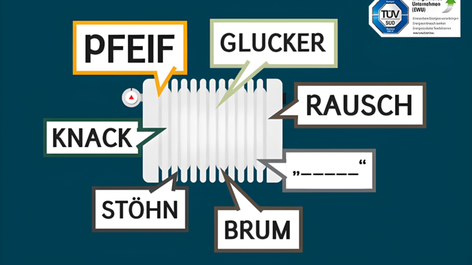 Grafik zeigt Heizung, die verschiedene Geräusche von sich gibt – regelmäßige Wartung hilft, Funktionsstörungen frühzeitig zu erkennen.