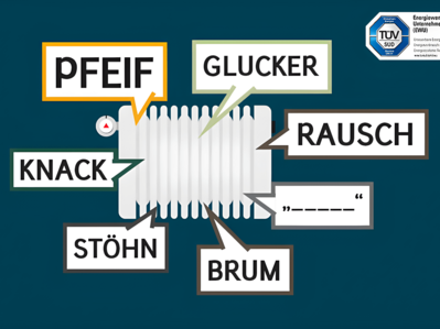 Grafik zeigt Heizung, die verschiedene Geräusche von sich gibt – regelmäßige Wartung hilft, Funktionsstörungen frühzeitig zu erkennen.