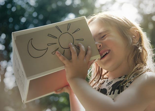 Bild zeigt Mädchen, das einen Karton mit Sonne und Mond an ihr Gesicht drückt – Thema: Tag- und Nachtstrom.