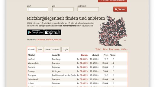 Das Bild zeigt einen Screenshot der Website BesserMitfahren.de, auf der man eine Fahrgemeinschaft finden kann.