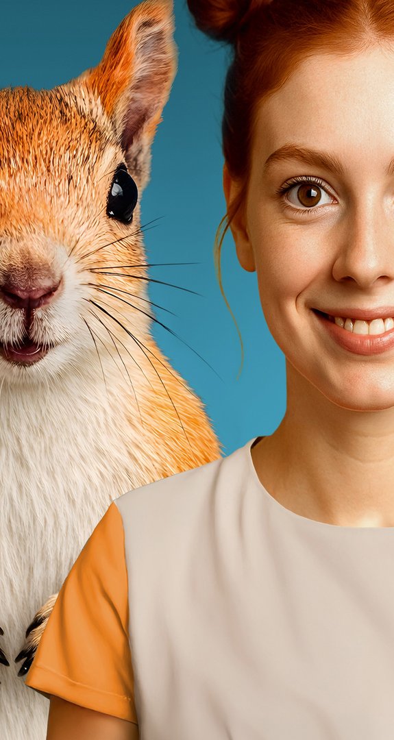 Eichhörnchen und Frau stehen nebeneinander vor blauem Hintergrund, Einfach Klimafreundlich für alle als Botschaft.