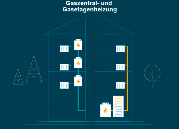 Grafik zeigt Haus mit Gaszentralheizung – Thema: Gaszentralheizung mit Wärmepumpe.