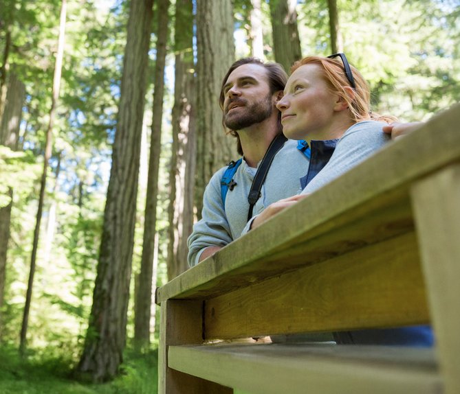 Paar im Wald blickt nachdenklich umher. Verdeutlicht die Verbindung zur Natur beim Wechsel zu Ökogas-Tarifen.
