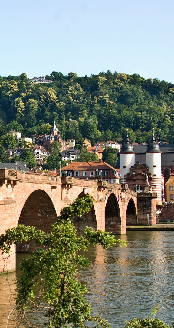 Alte Brücke über den Neckar in Heidelberg, umgeben von Altstadt und grünen Hügeln; Symbol für nachhaltige Stadt mit Ökostrom Heidelberg.