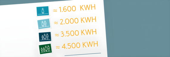 Infografik zeigt den Stromverbrauch in Kilowattstunden pro Jahr, aufgeschlüsselt nach Haushaltsgröße: 1-Personen-Haushalt 1.600 kWh, 2-Personen-Haushalt 2.000 kWh, 3-Personen-Haushalt 3.500 kWh und 4-Personen-Haushalt 4.500 kWh.