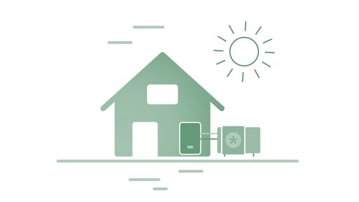 Haus mit angezeigter Wärmepumpe neben einer Sonne. Darstellung der Nutzung erneuerbarer Energie.