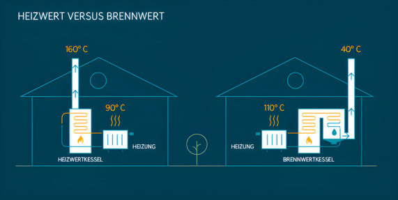Grafik stellt Heizwert und Brennwert gegenüber und zeigt: Wer auf Brennwerttechnik setzt, nutzt Energie effizienter und spart Heizkosten.