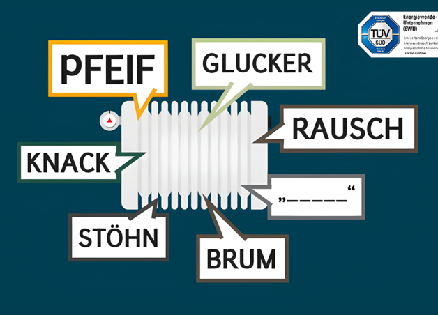 Grafik zeigt Heizung, die verschiedene Geräusche von sich gibt – regelmäßige Wartung hilft, Funktionsstörungen frühzeitig zu erkennen.