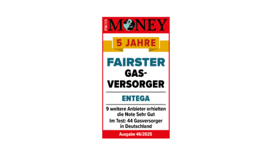 "Focus Money" Auszeichnung: Fairster Gasversorger, ENTEGA, 5 Jahre, unter 44 Anbietern in Deutschland, Ausgabe 46/2025
