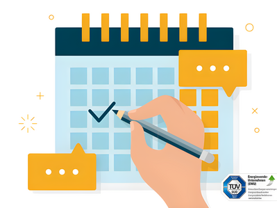 Grafik zeigt Kalender und Hand mit Stift – Thema: Strom Kündigungsfristen.
