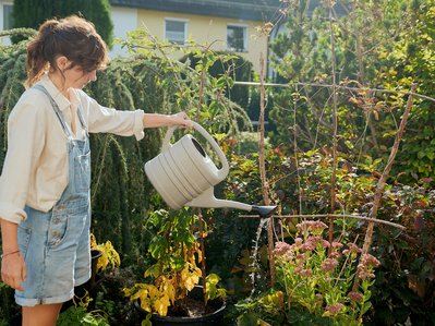 Frau gießt Blumen. Symbol für den CO2-Fußabdruck mit Fokus auf Nachhaltigkeit und ökologische Verantwortung.