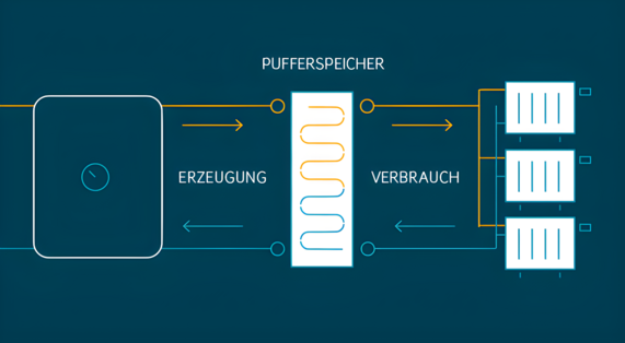 Grafik zeigt Pufferspeicher einer Wärmepumpe und welche Rolle dieser für die Erzeugung und den Verbrauch von Energie beiträgt.