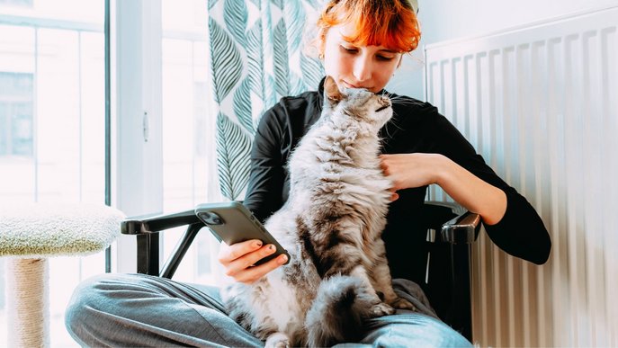 Bild zeigt eine Frau, die mit ihrer Katze vor einem Heizkörper kuschelt: Symbolbild für wohlige Wärme nach einem Heizungsaustausch. 