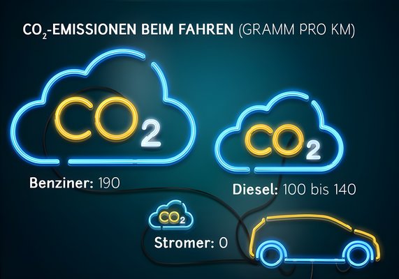 Grafik zeigt die Ökobilanz beim Fahren mit unterschiedlichen Kraftstoffen. Unterschieden wird zwischen Stromer, Benziner und Diesel. 