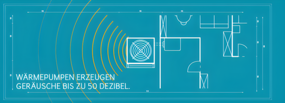 Grafik zeigt, dass die Wärmepumpe Geräusche von bis zu 50 Dezibel erzeugt. Dies wird durch den Grundriss eines Hauses und dem Aufstellungsort der Wärmepumpe veranschaulicht.