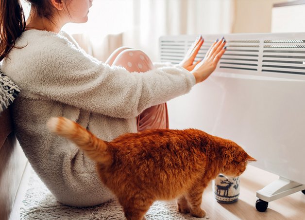 Frau wärmt Hände an Elektroheizung, Katze daneben; Thema: Elektroheizung Kosten im gemütlichen Wohnumfeld.