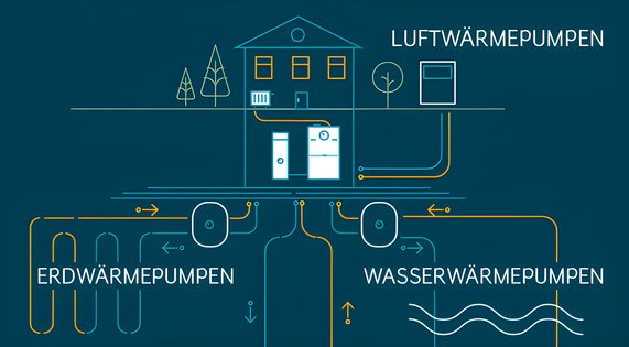 Grafik zeigt verschiedene Wärmepumpenmodelle: Luftwärmepumpen, Erdwärmepumpen und Wasserwärmepumpen.