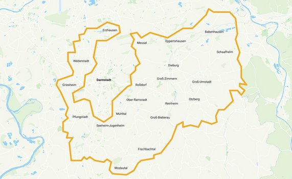 Karte mit markierter Region um Darmstadt, benachbarte Städte und Orte sind sichtbar.