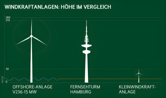 Grafik zeigt im Größenvergleich die Höhe einer Offshore-Windkraftanlage, des Fernsehturms in Hamburg und einer Kleinwindkraftanlage.