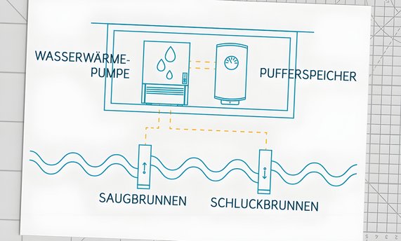 Grafik zeigt den Aufbau und die Funktionsweise einer Wasserwärmepumpe.