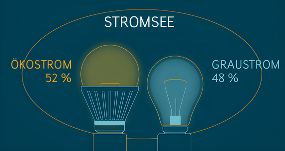 Grafik zeigt, dass sowohl Ökostrom als auch konventioneller Graustrom in dasselbe Stromnetz eingespeist werden. Ein Wechsel zu Ökostrom wirkt sich dennoch positiv auf die Energiewende aus.