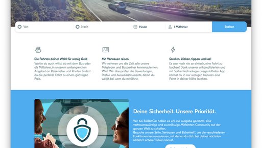 Das Bild zeigt einen Screenshot der Website BlaBlaCar, auf der man eine Mitfahrgelegenheit finden kann. 
