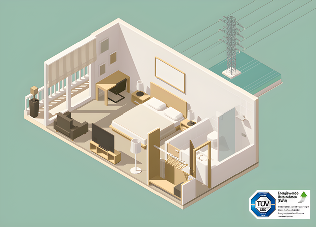 Grafik zeigt Schlafzimmer von oben – Thema: Anmeldung des Stroms bei der ersten Wohnung.
