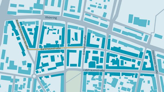 Karte des Martinsviertels in Darmstadt zeigt geplante Fernwärmeerschließung. Straßen sind hervorgehoben.