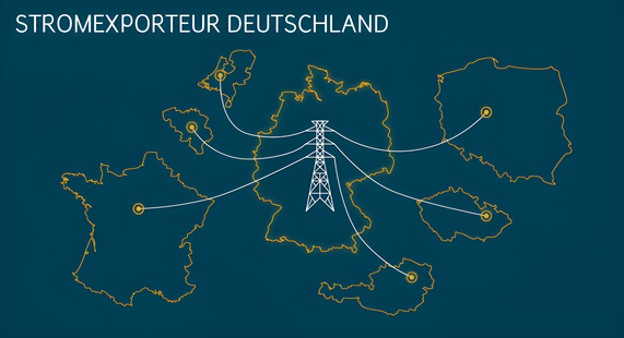 Grafik zeigt eine Deutschlandkarte und die angrenzenden Länder, in die Strom exportiert wird.