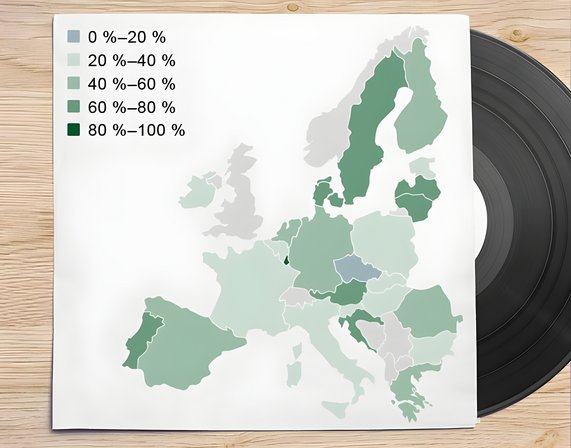 Infografik zeigt den Anteil erneuerbarer Energien am Energiemix in Deutschland und Europa im Jahr 2022. Die Länder Europas sind je nach Anteil farblich unterschiedlich eingefärbt.