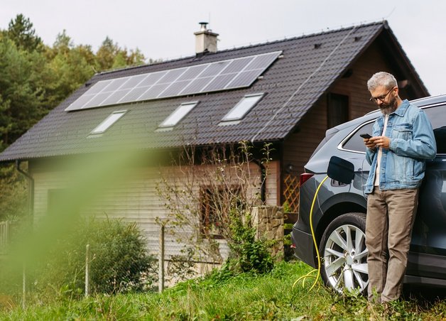 Bild zeigt einen Mann, der sein Elektroauto lädt und sich während der Ladezeit mit seinem Handy beschäftigt.