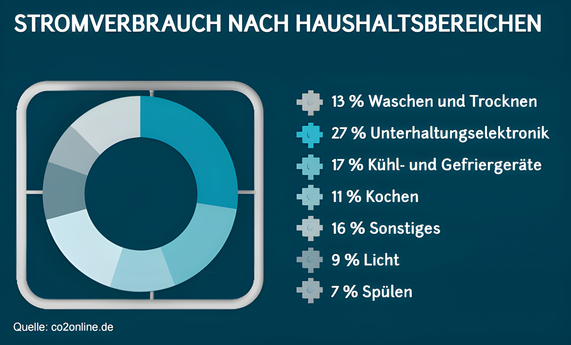 Infografik zeigt den Stromverbrauch, aufgeschlüsselt nach Haushaltsbereichen wie ‚Waschen und Trocknen‘, ‚Unterhaltungselektronik‘ und weiteren Kategorien.