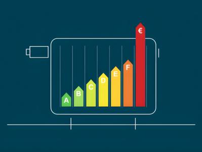 Grafik zeigt farbige Energieeffizienzklassen – Neubauten profitieren von niedrigen Heizkosten durch hohe energetische Standards.