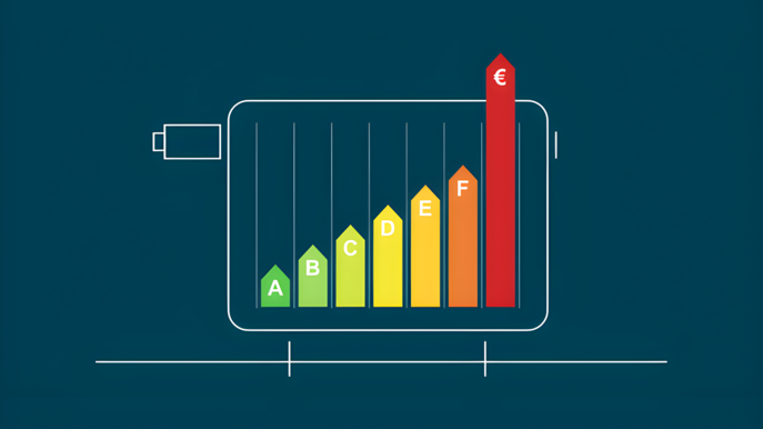 Grafik zeigt farbige Energieeffizienzklassen – Neubauten profitieren von niedrigen Heizkosten durch hohe energetische Standards.