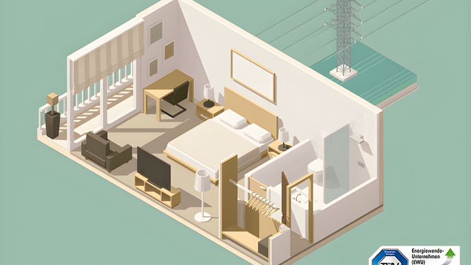 Grafik zeigt Schlafzimmer von oben – Thema: Anmeldung des Stroms bei der ersten Wohnung.