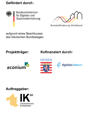Logos von Förderern und Projektpartnern, darunter das Bundesministerium für Digitales und Staatsmodernisierung, Bundesförderung Breitband. Projektträger: Aconium. Kofinanziert durch: Land Hessen, digitales Hessen. Auftraggeber: IKBIT Interkommunales Breitbandnetz.